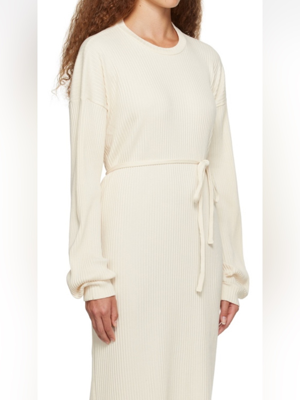 Baserange Long Sleeve Cream Ribbed Knit Dress with Tie Waist Organic Cotton